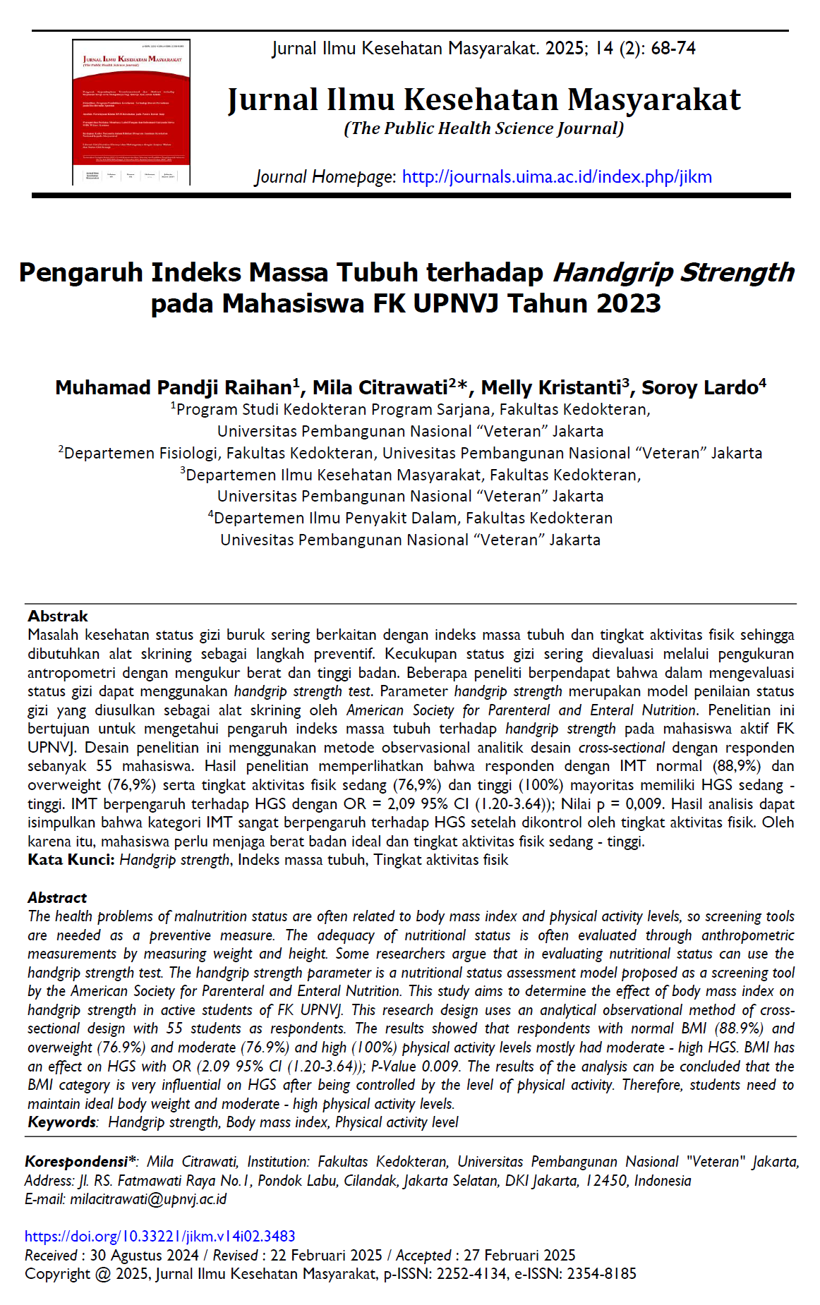 Pengaruh Indeks Massa Tubuh terhadap Handgrip Strength pada Mahasiswa FK UPNVJ Tahun 2023